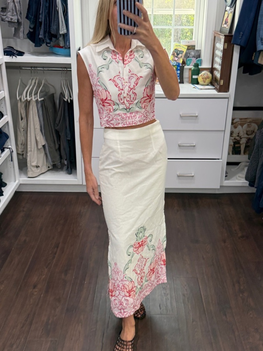 Beyond by Vera White Maxi Skirt with Pink Floral and Matching Floral Top XS